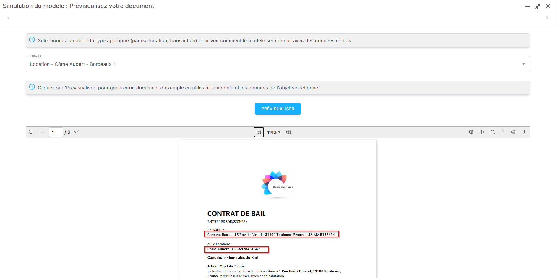 Prévisualisation de votre modèle avec la simulation